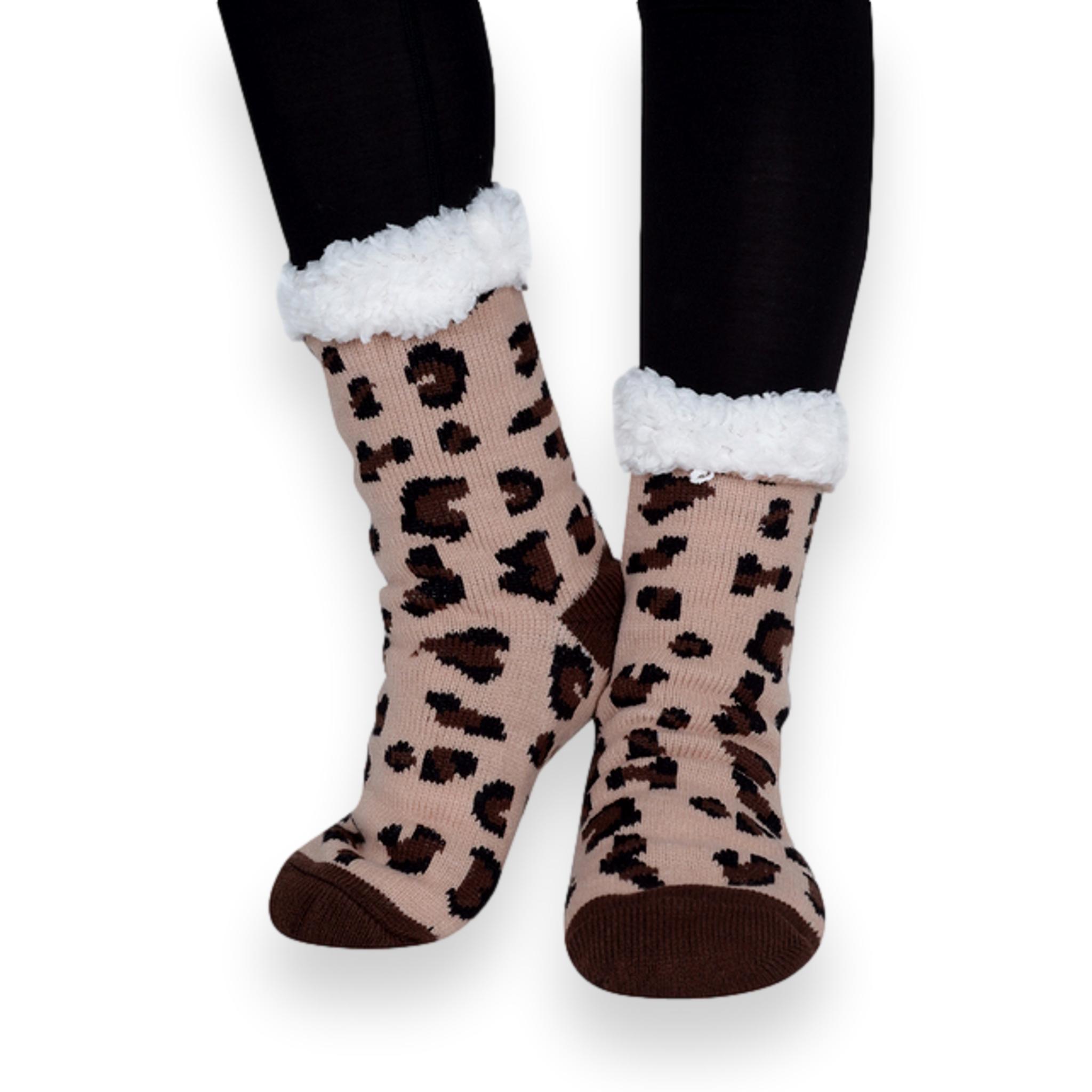 Leopard Print Plush Sherpa Slipper Socks For Women - DoodleBeads